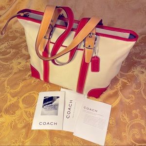 Coach Red Leather and Cream Canvas Tote